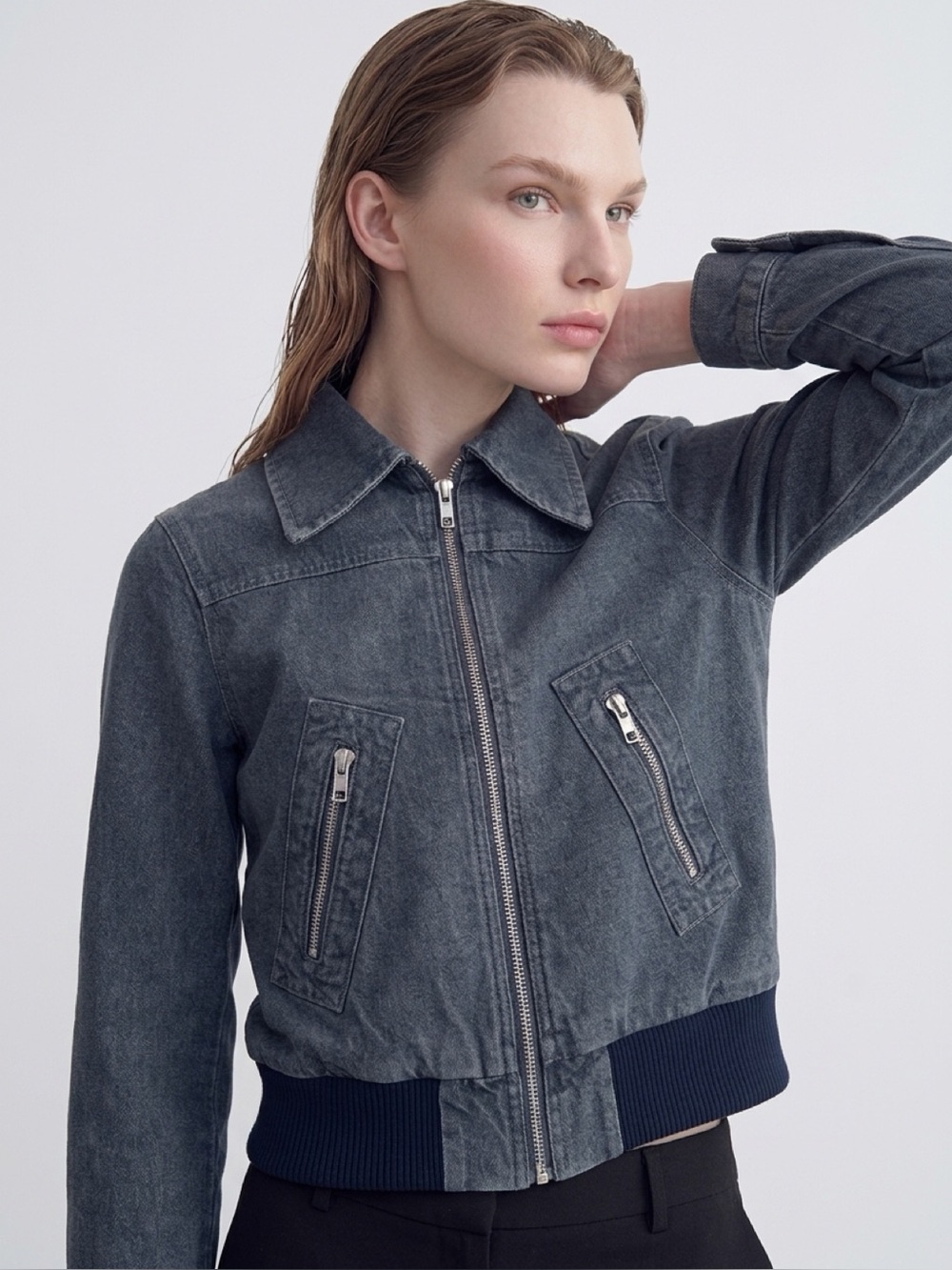 NWOT H&M Small Washed Denim Zip-Front Bomber Jacket